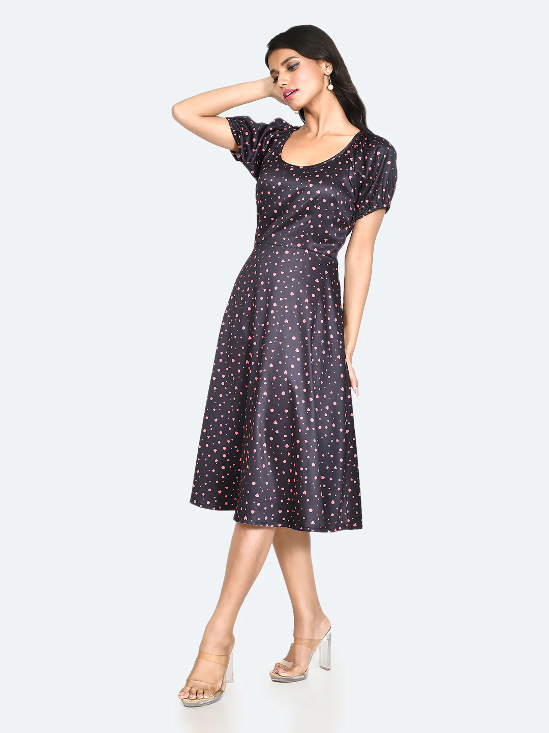 Black Printed Puff Sleeve Midi Dress - Image 5