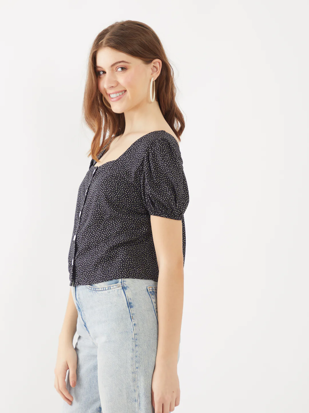Black Printed Puff Sleeve Top - Image 3