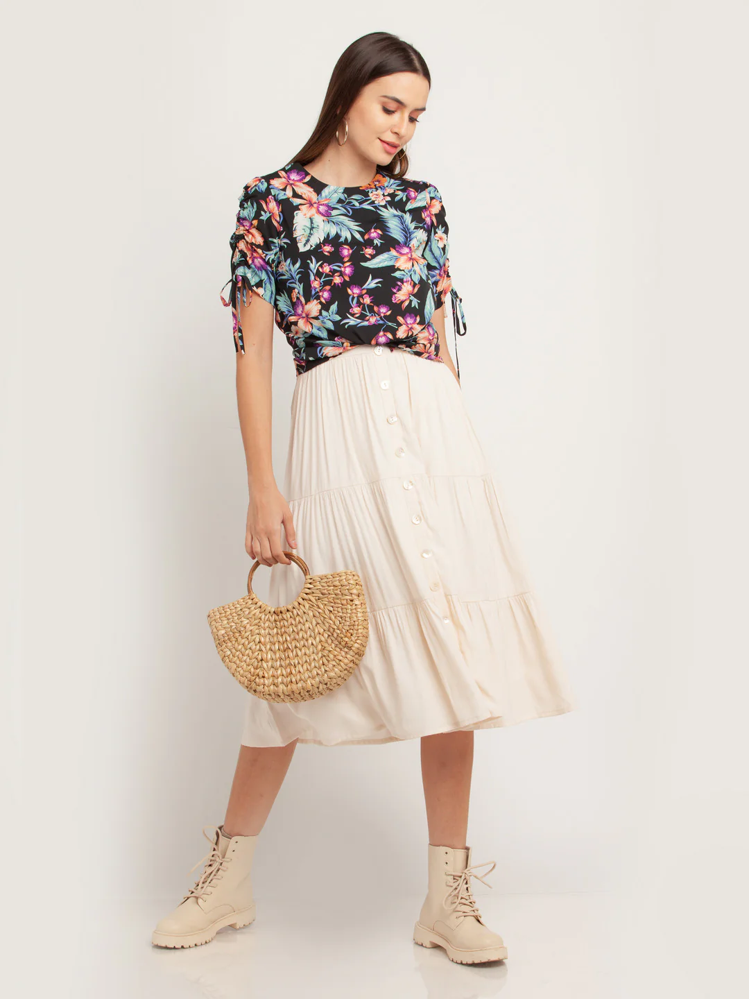 Black Printed Puff Sleeve Top