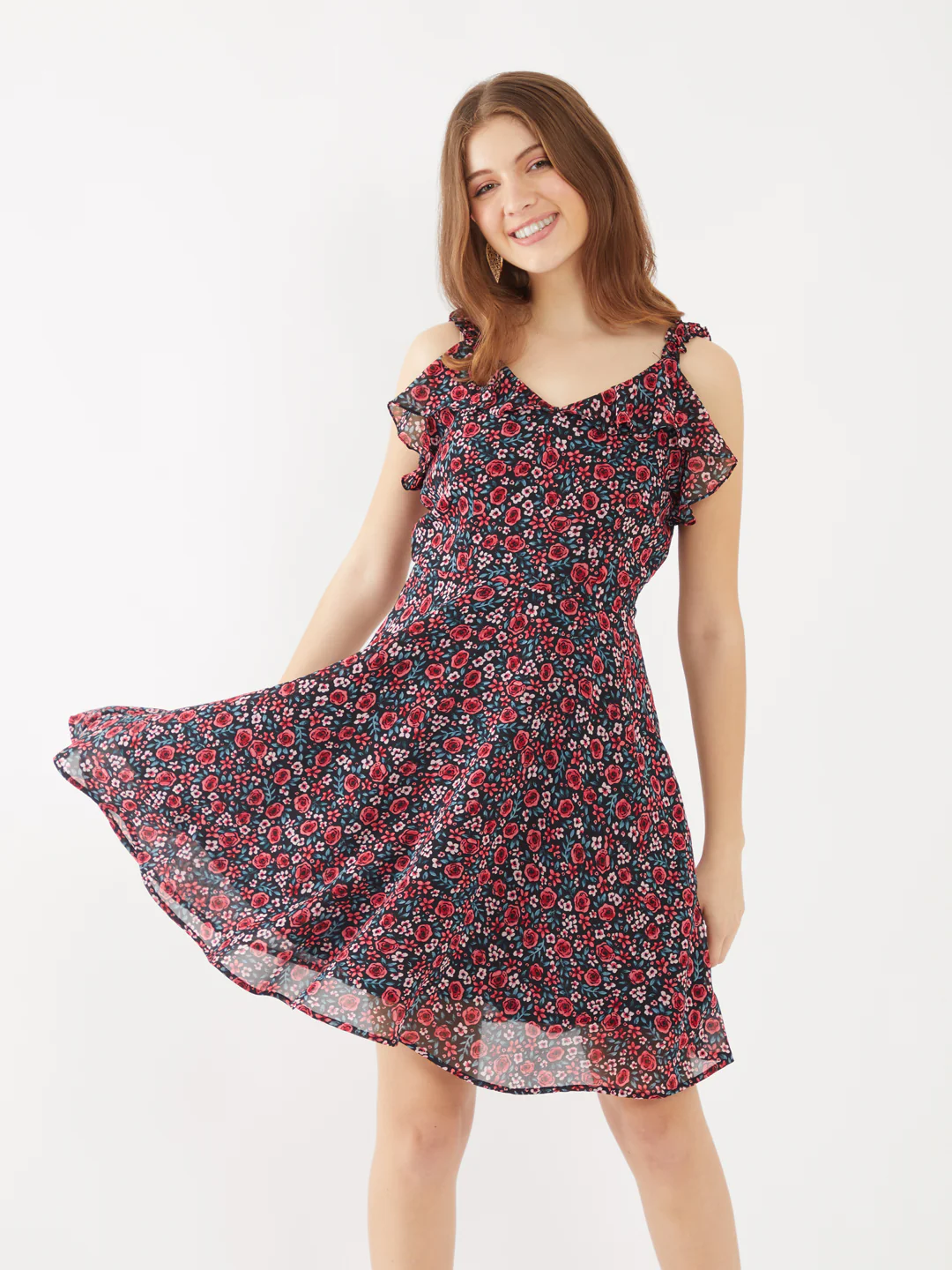 Black Printed Ruffled Short Dress