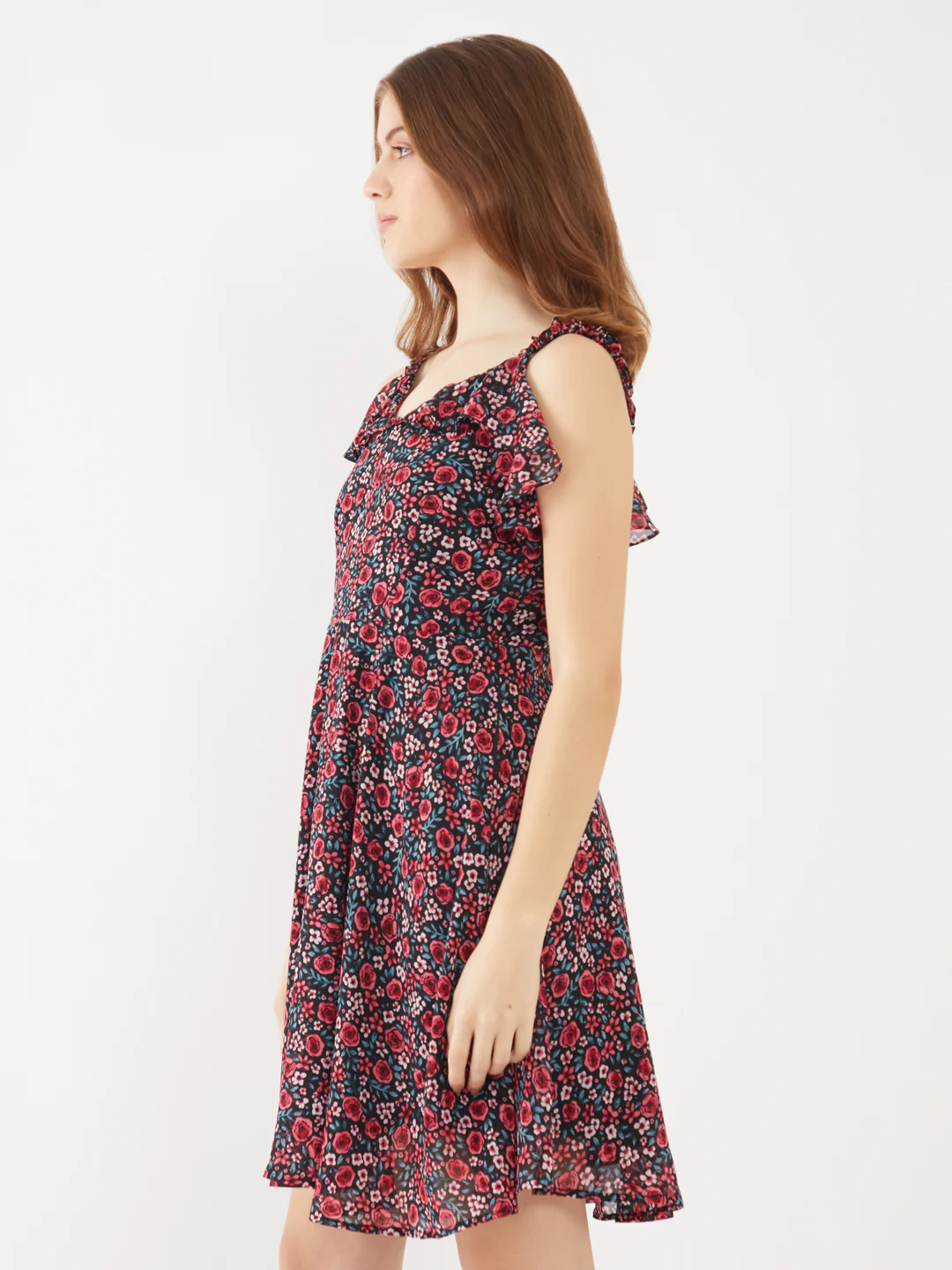 Black Printed Ruffled Short Dress - Image 3