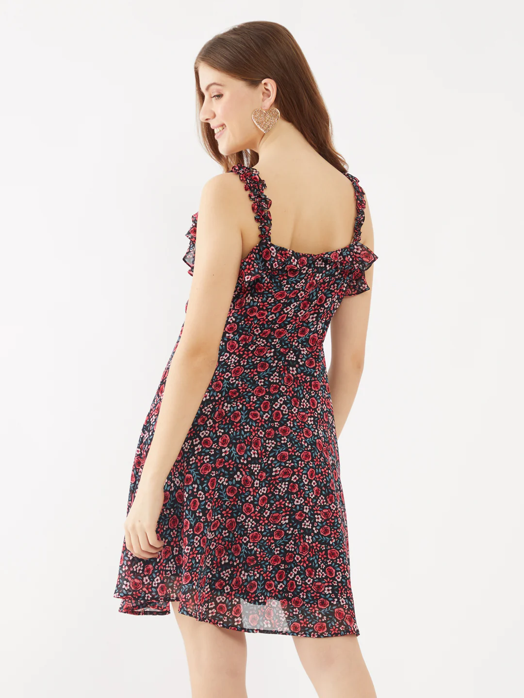 Black Printed Ruffled Short Dress - Image 4