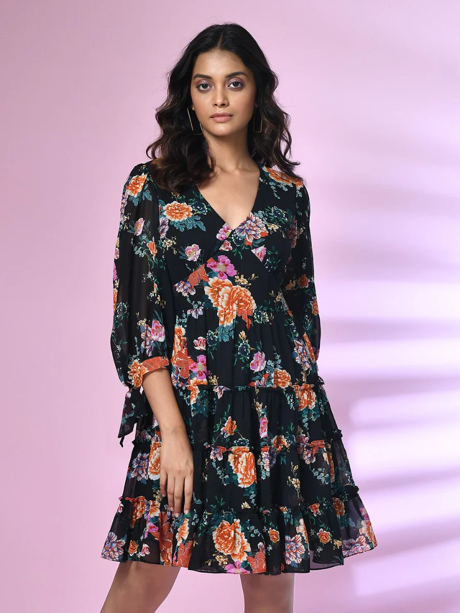 Black Printed Short Dress - Image 2