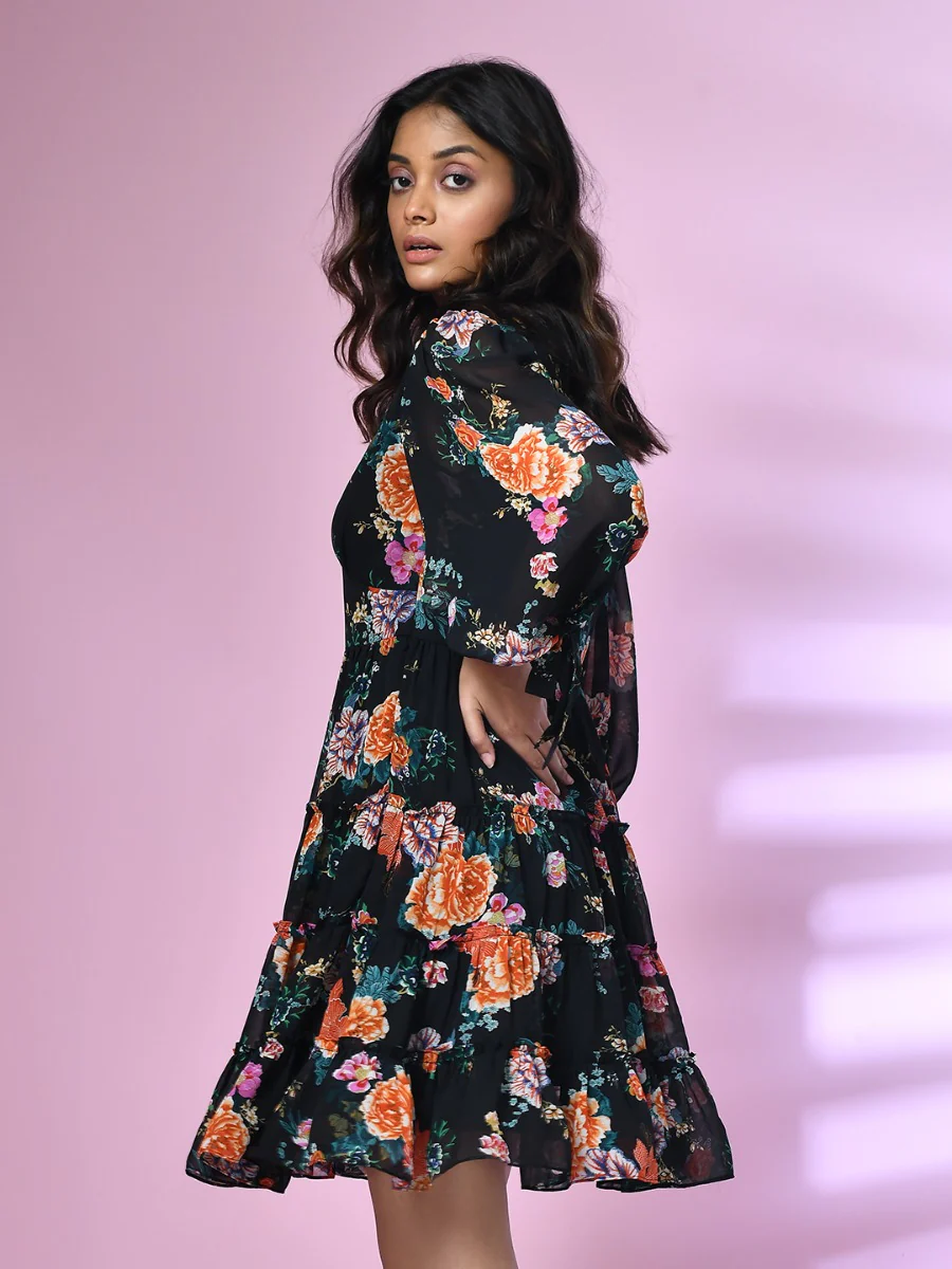 Black Printed Short Dress - Image 3