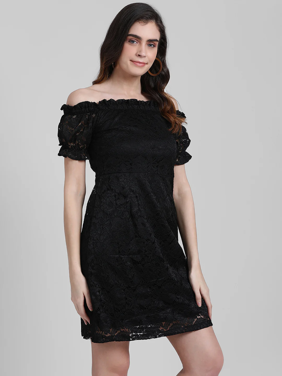 Black Lace Off-shoulder Short Dress - Image 3