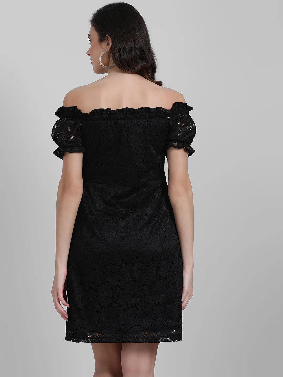 Black Lace Off-shoulder Short Dress - Image 4