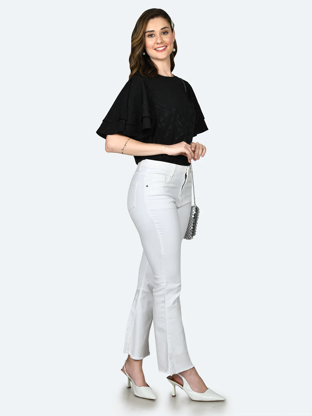 Black Self Design Flared Sleeve Top - Image 5