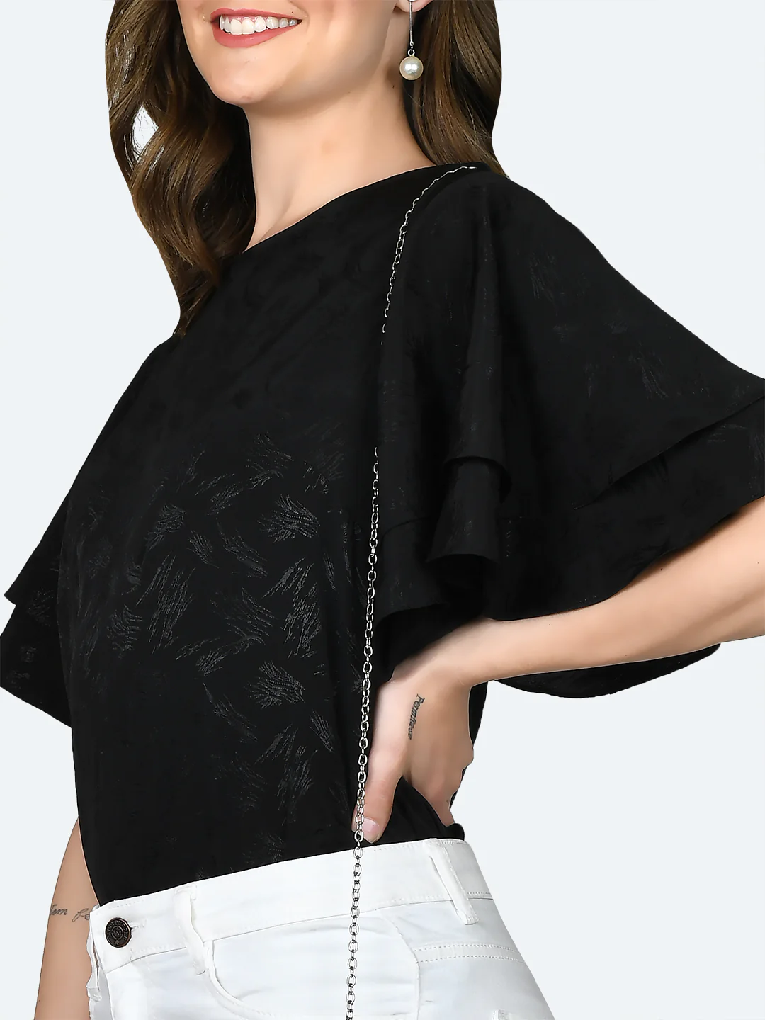 Black Self Design Flared Sleeve Top - Image 6