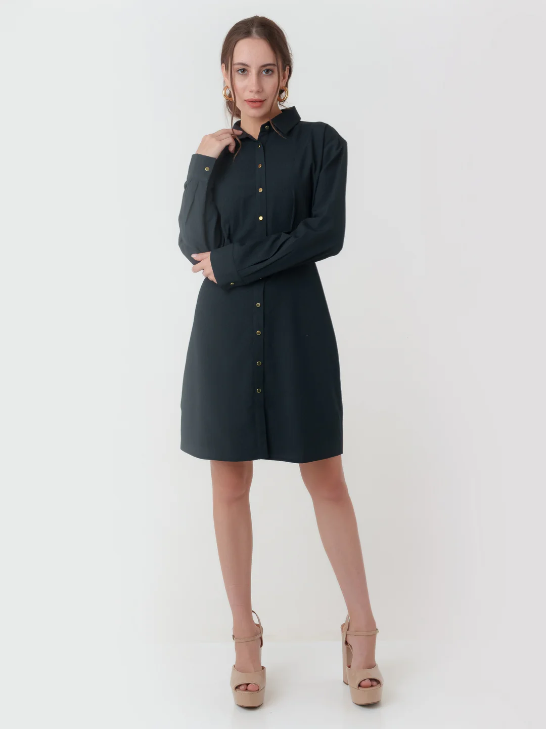 Black Self Design Shirt Styled Short Dress