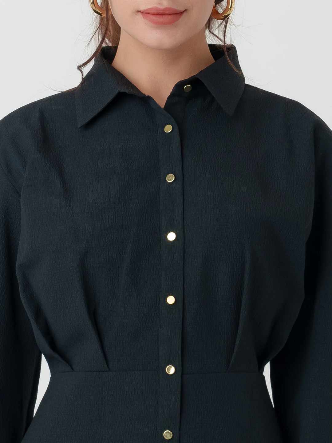 Black Self Design Shirt Styled Short Dress - Image 6