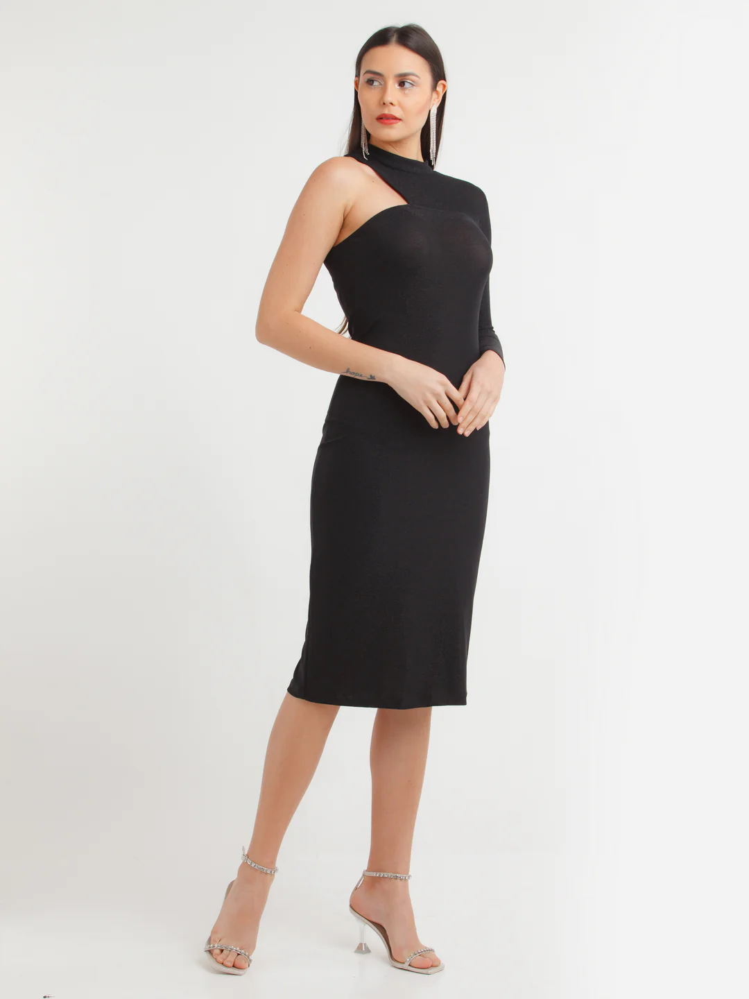 Black Shimmer Off Shoulder Midi Dress - Image 2
