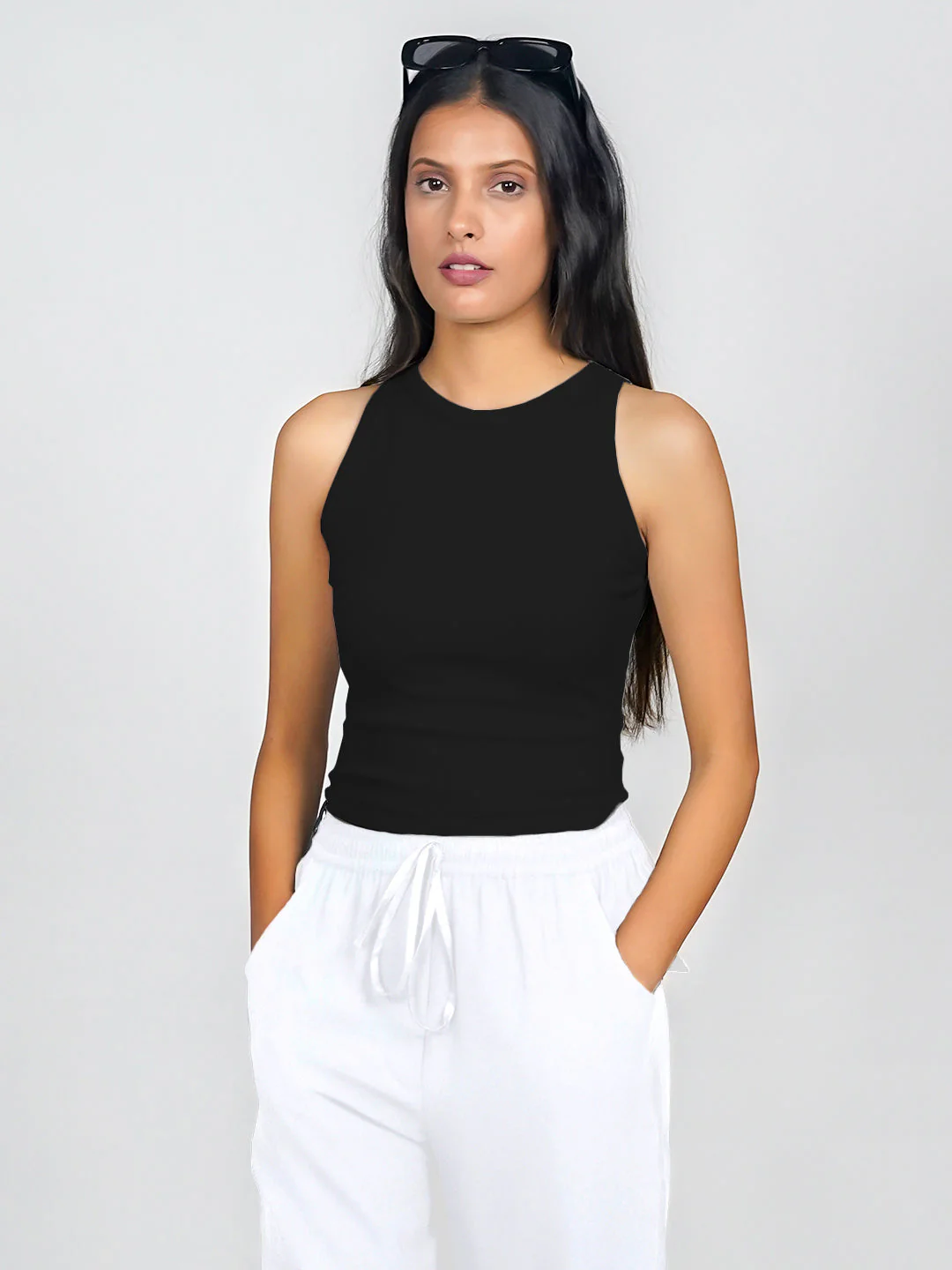 Black Solid Ribbed Crop Top - Image 2