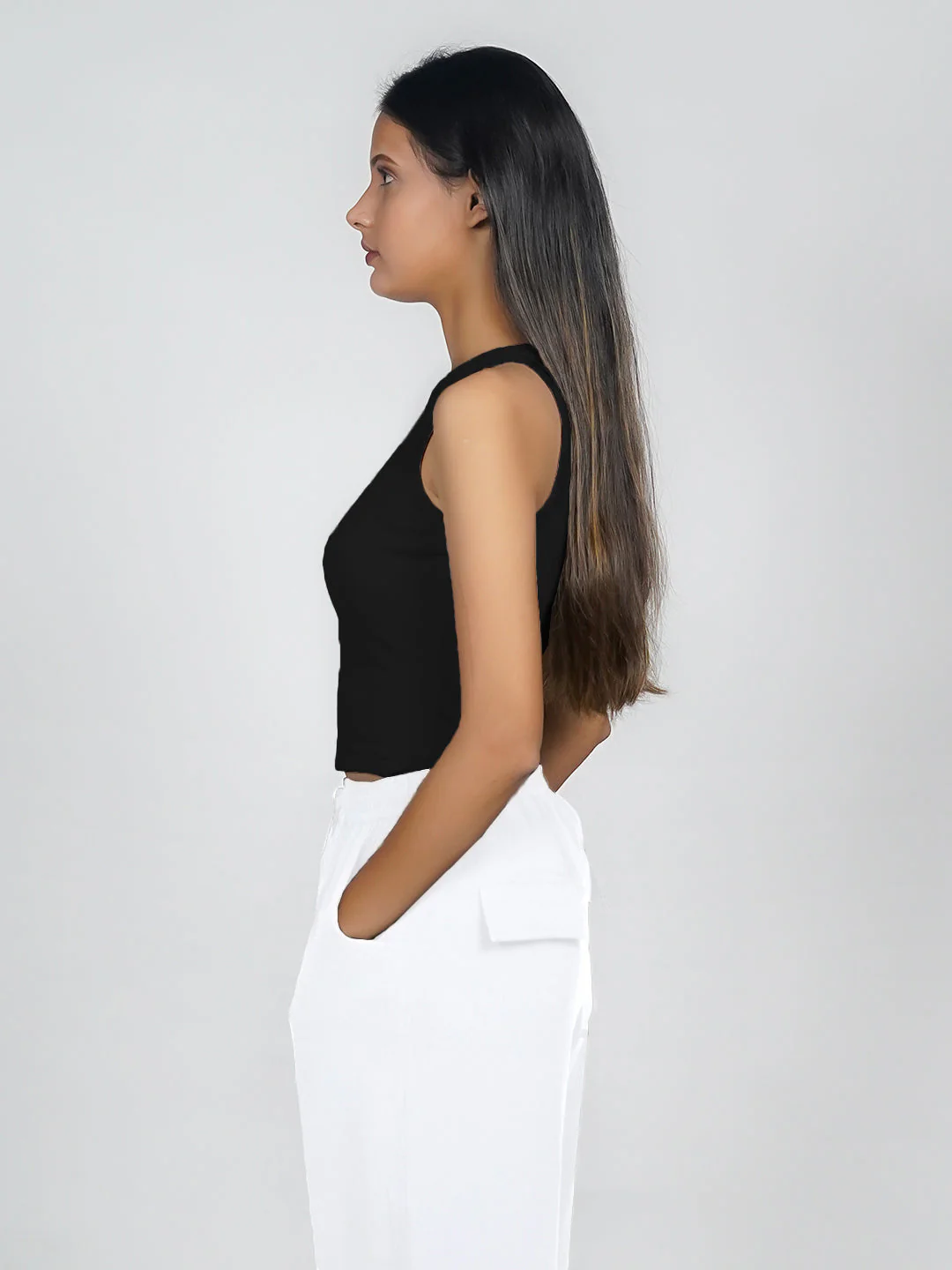 Black Solid Ribbed Crop Top - Image 3
