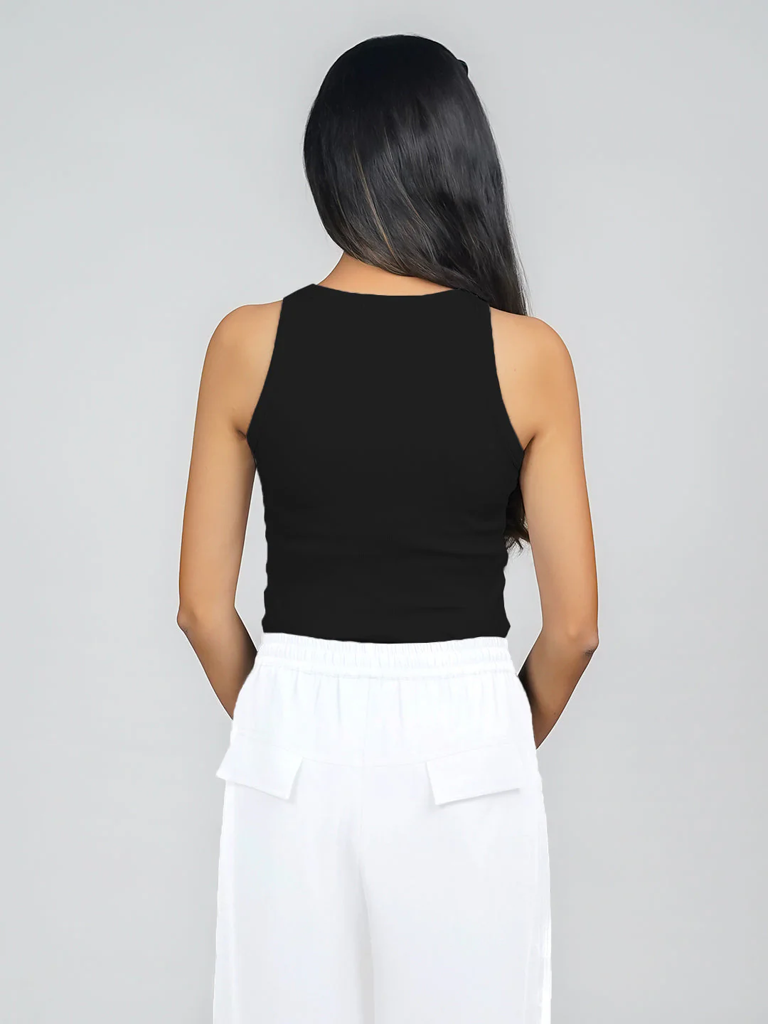 Black Solid Ribbed Crop Top - Image 4