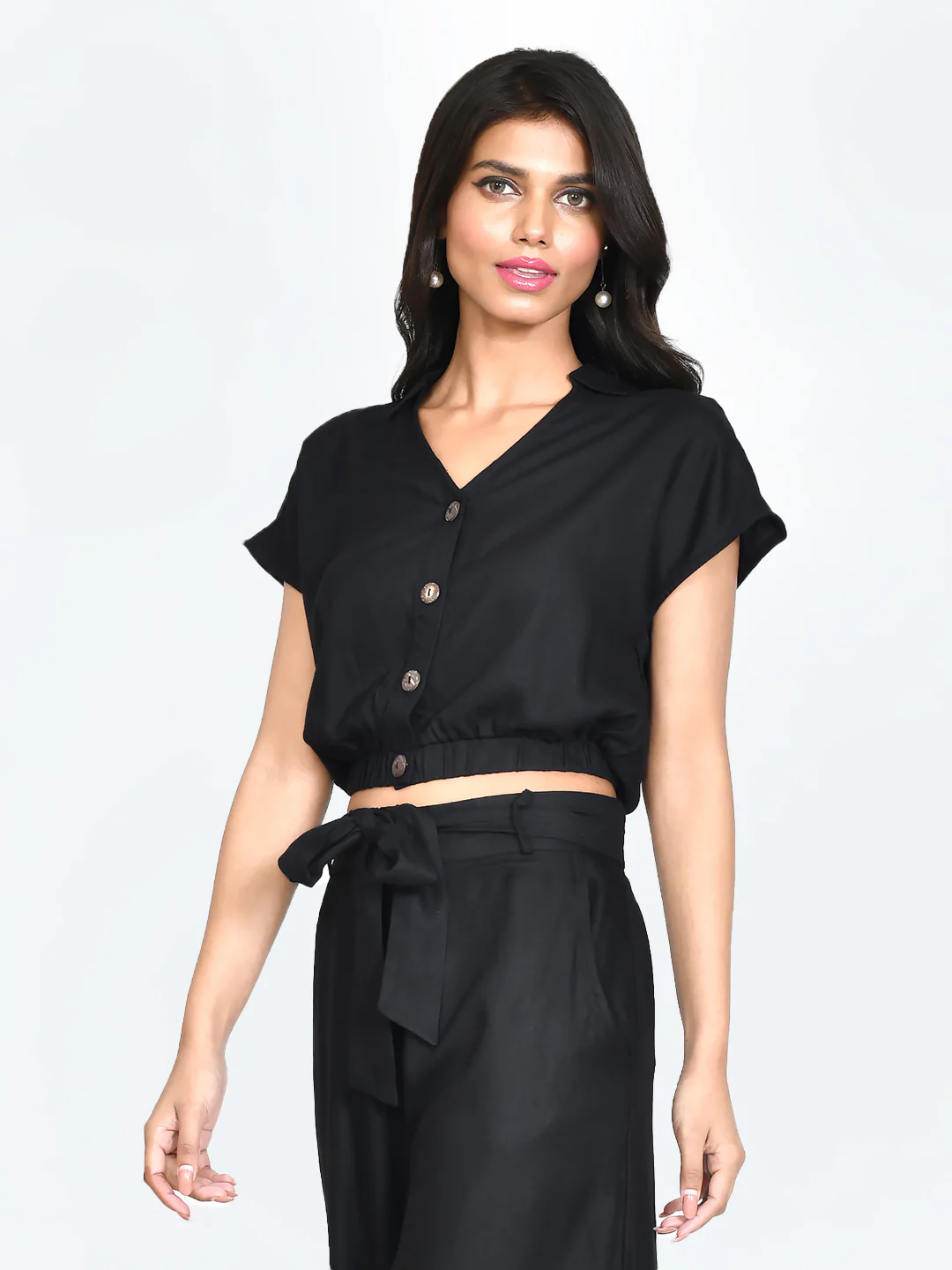 Black Solid Buttoned Top - Image 3