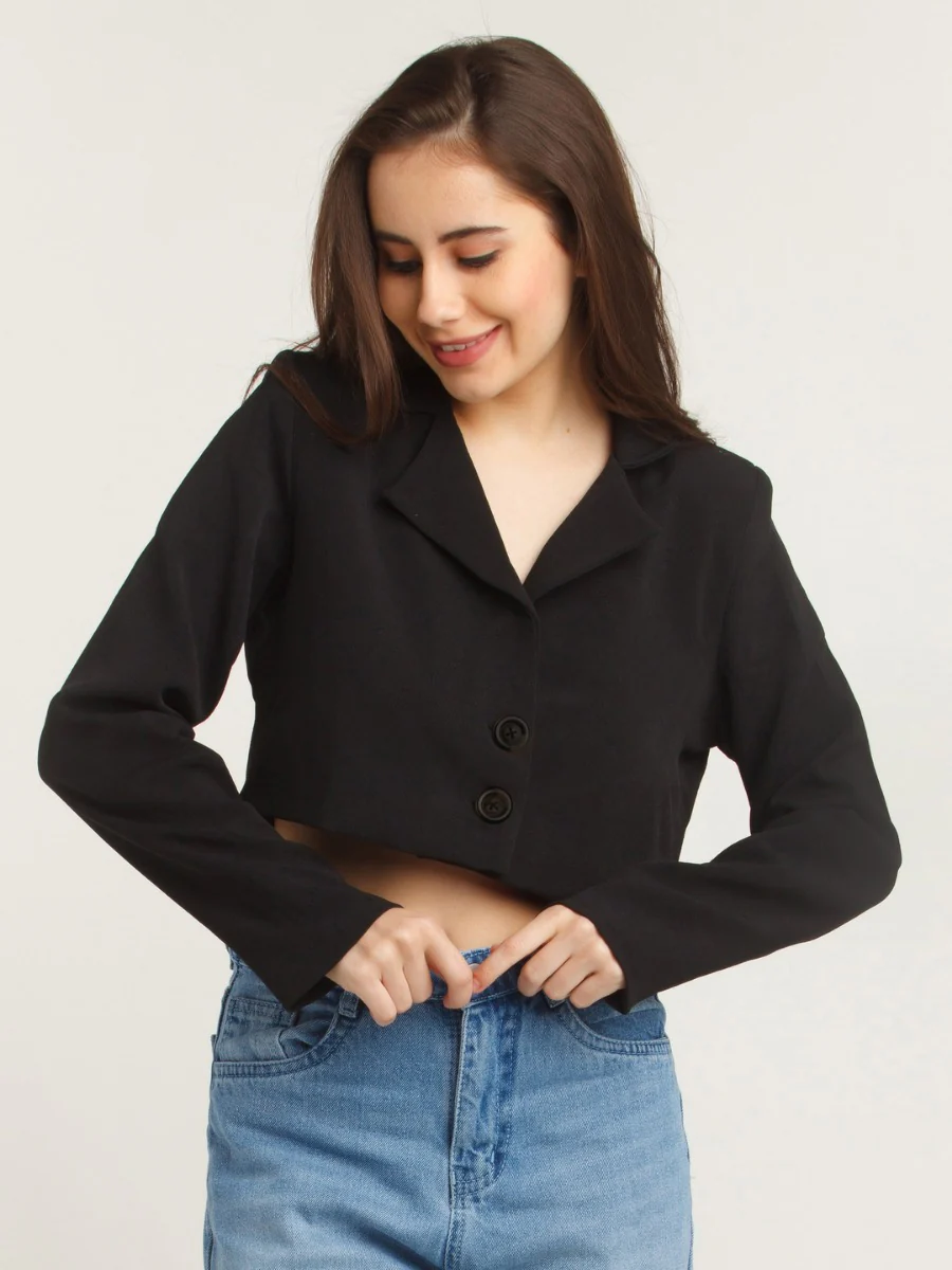 Black Solid Crop Blazer - Image 2
