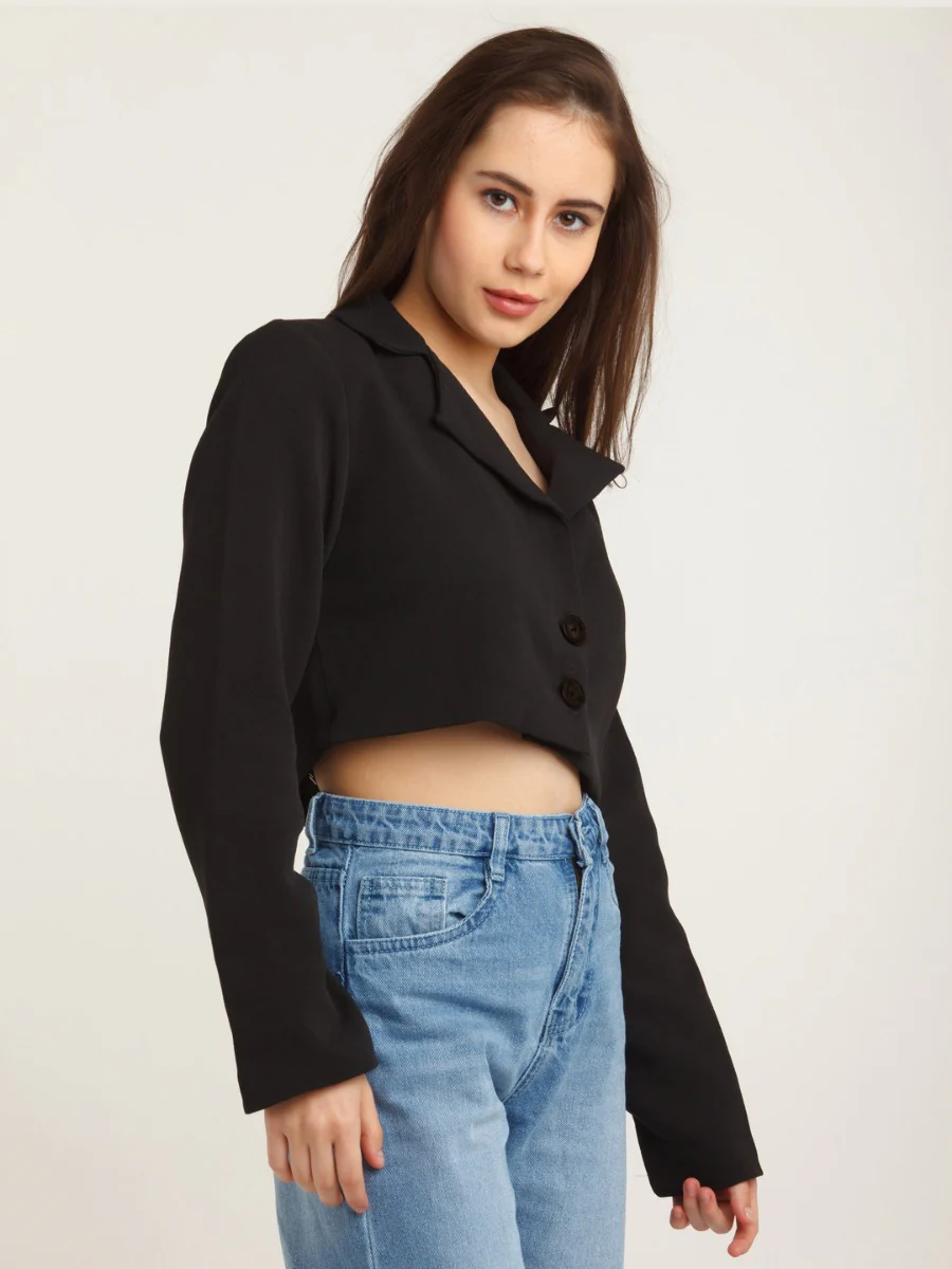 Black Solid Crop Blazer - Image 3