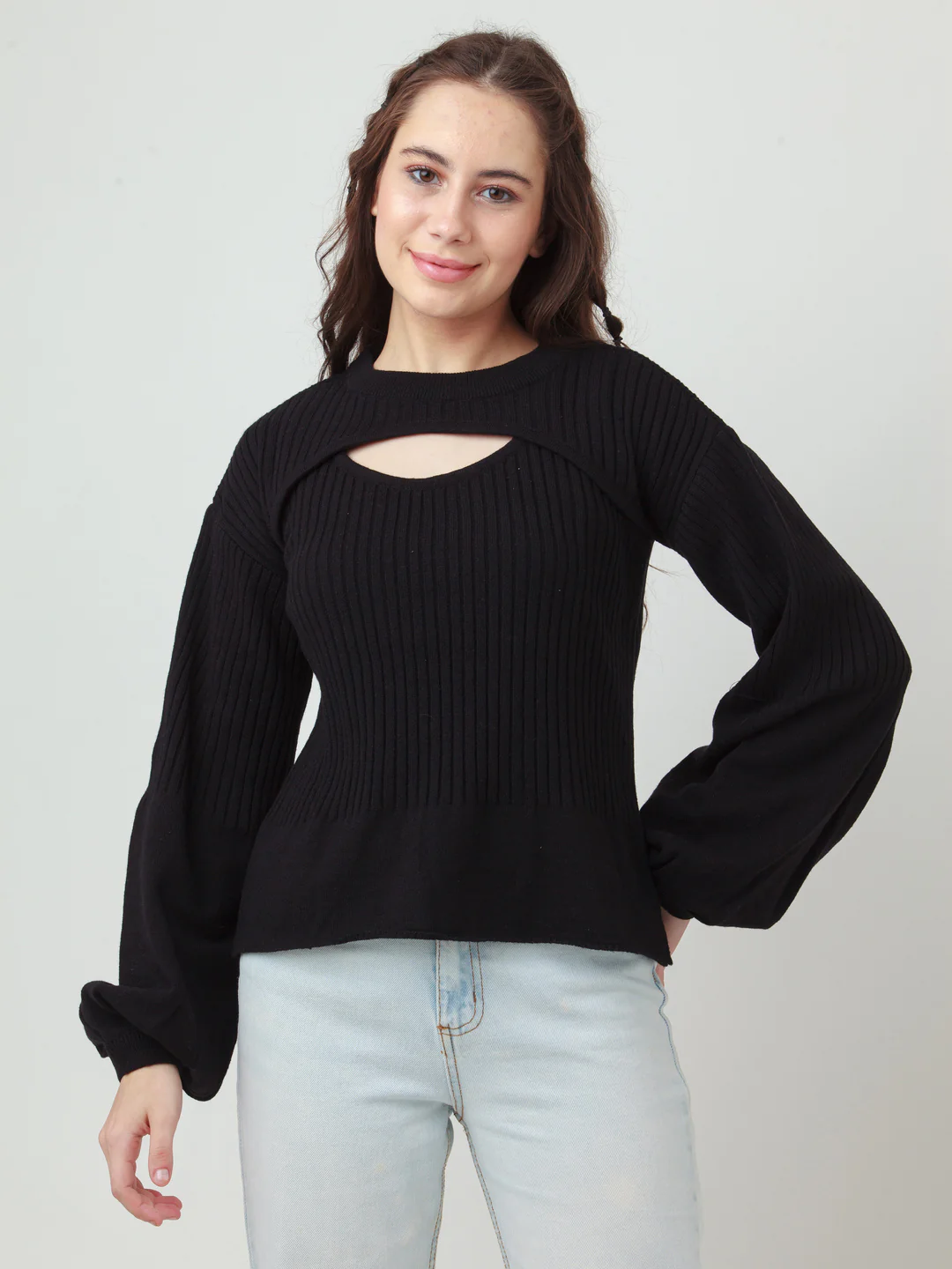 Black Solid Cut Out Sweater - Image 2