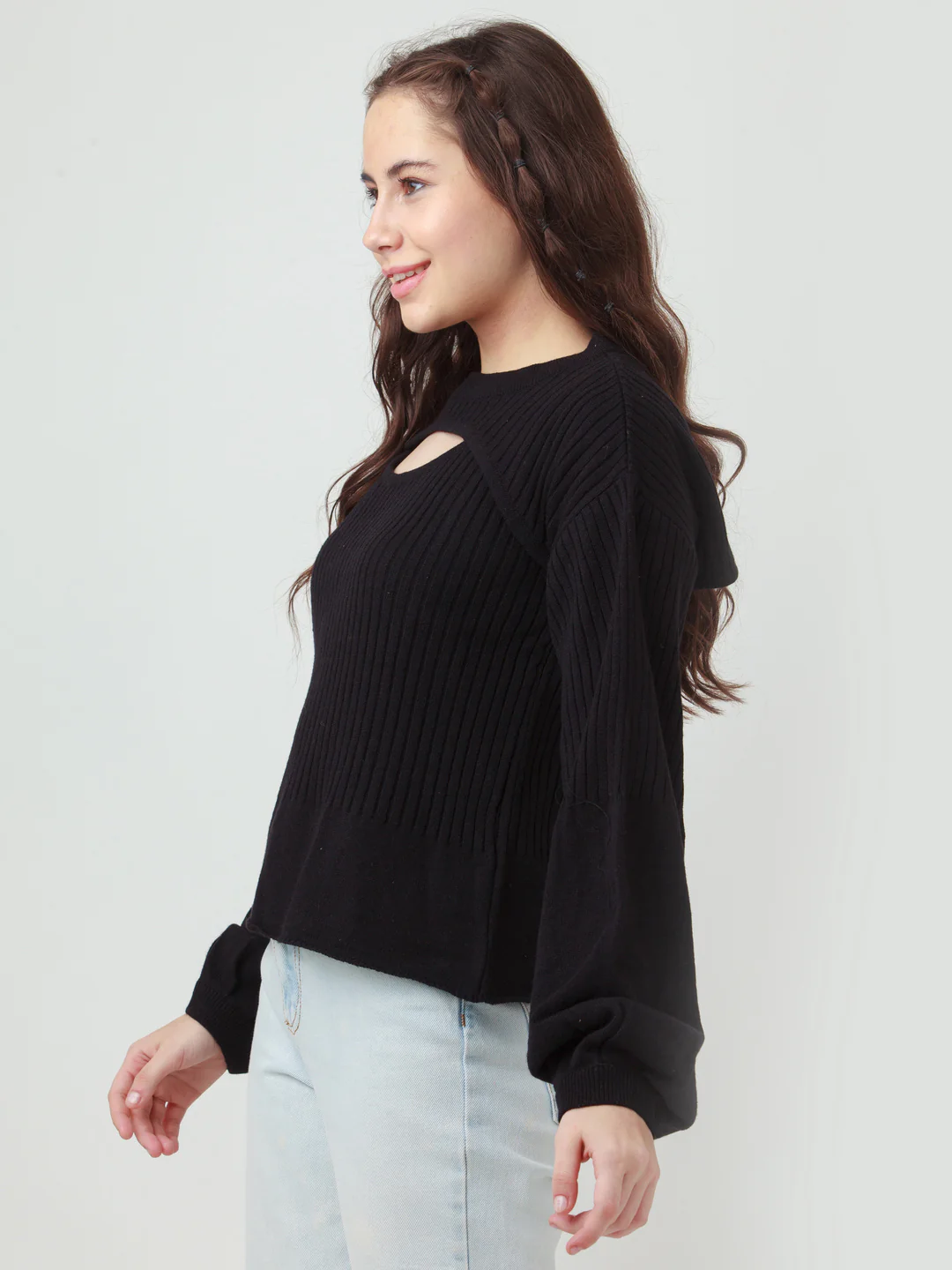 Black Solid Cut Out Sweater - Image 3