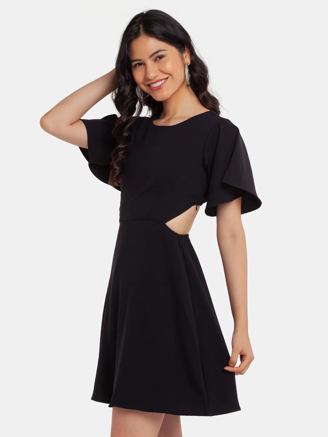 Black Solid Cutout Short Dress - Image 3