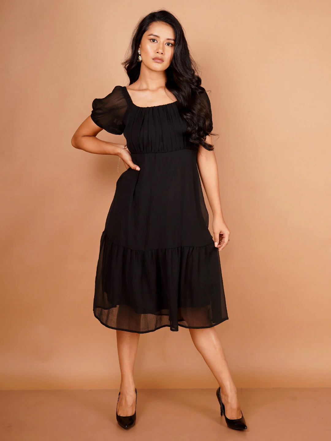 Black Solid Flared Midi Dress - Image 2