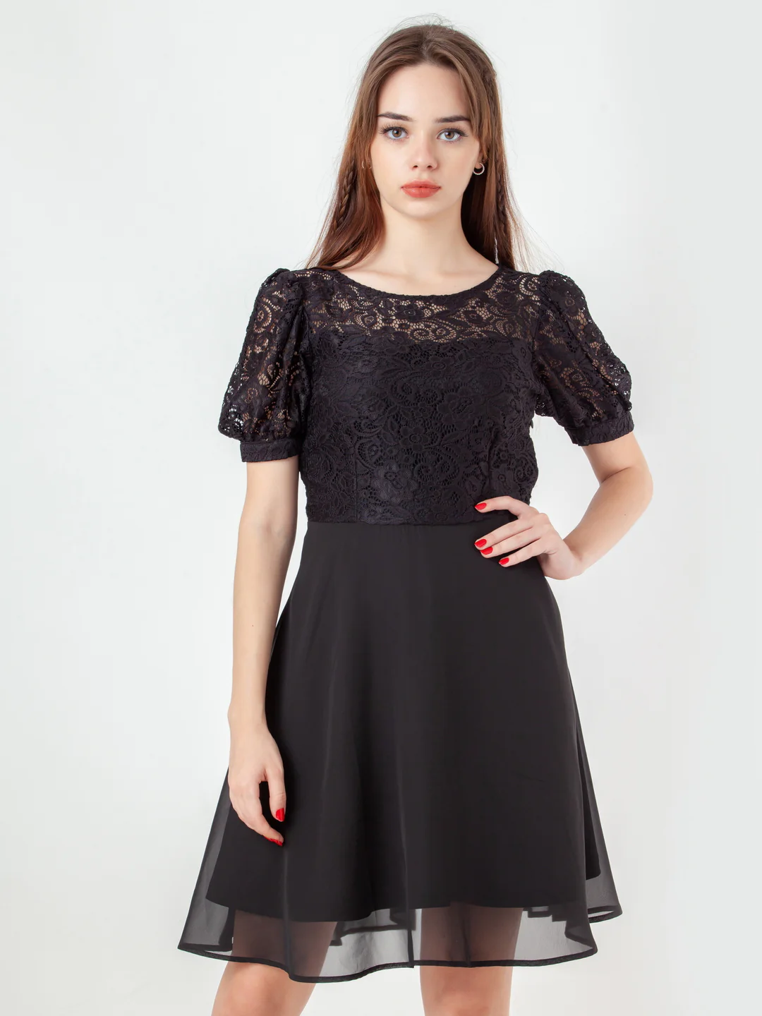 Black Solid Flared Short Dress - Image 2