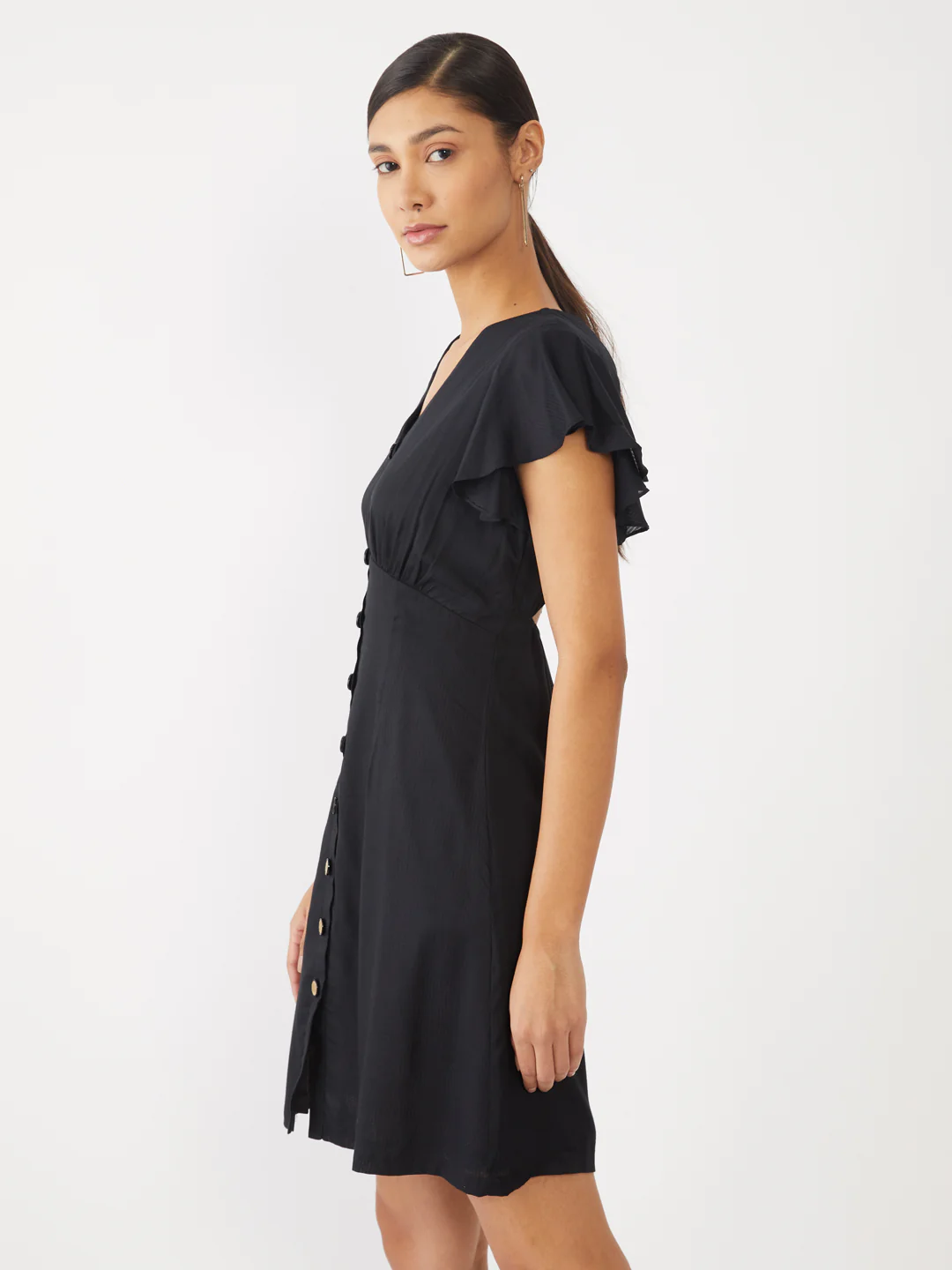 Black Solid Flared Sleeve Short Dress - Image 3