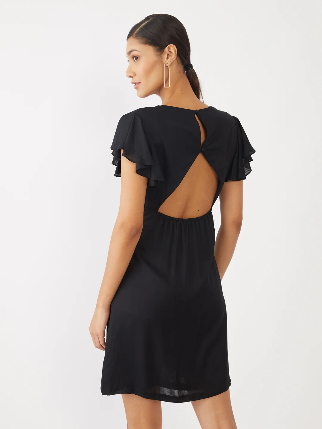 Black Solid Flared Sleeve Short Dress - Image 4