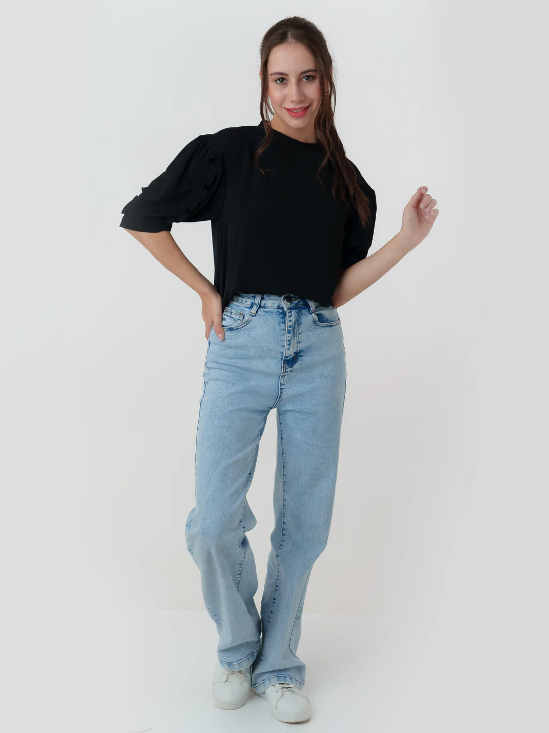 Black Solid Frill Top