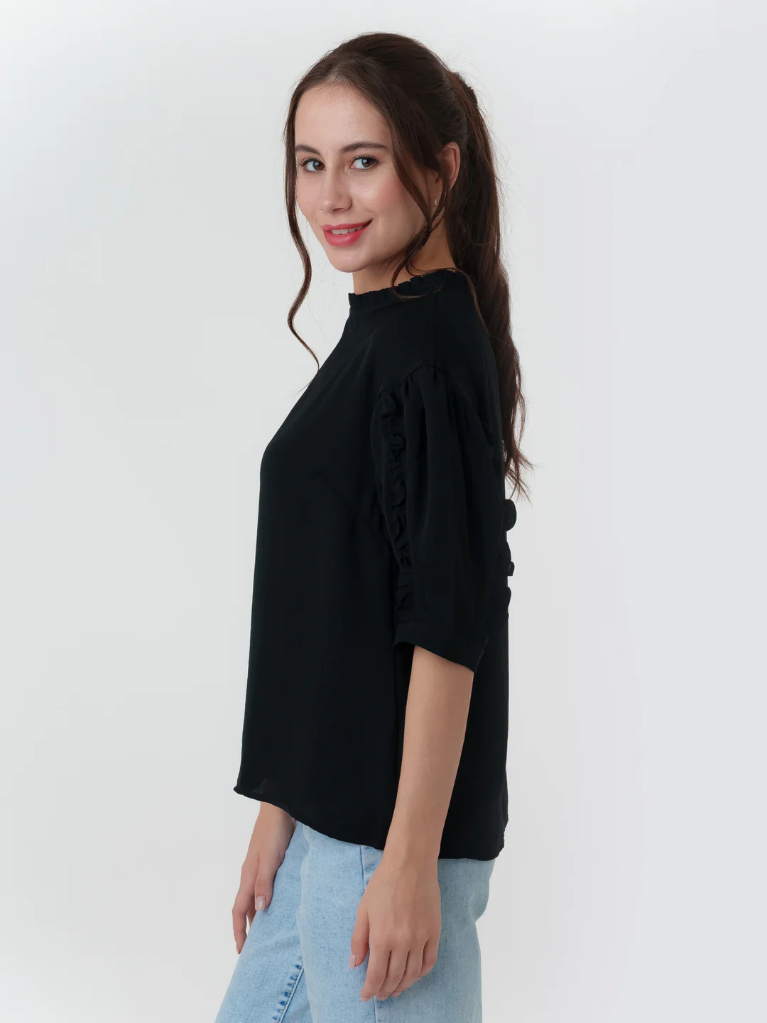Black Solid Frill Top - Image 3