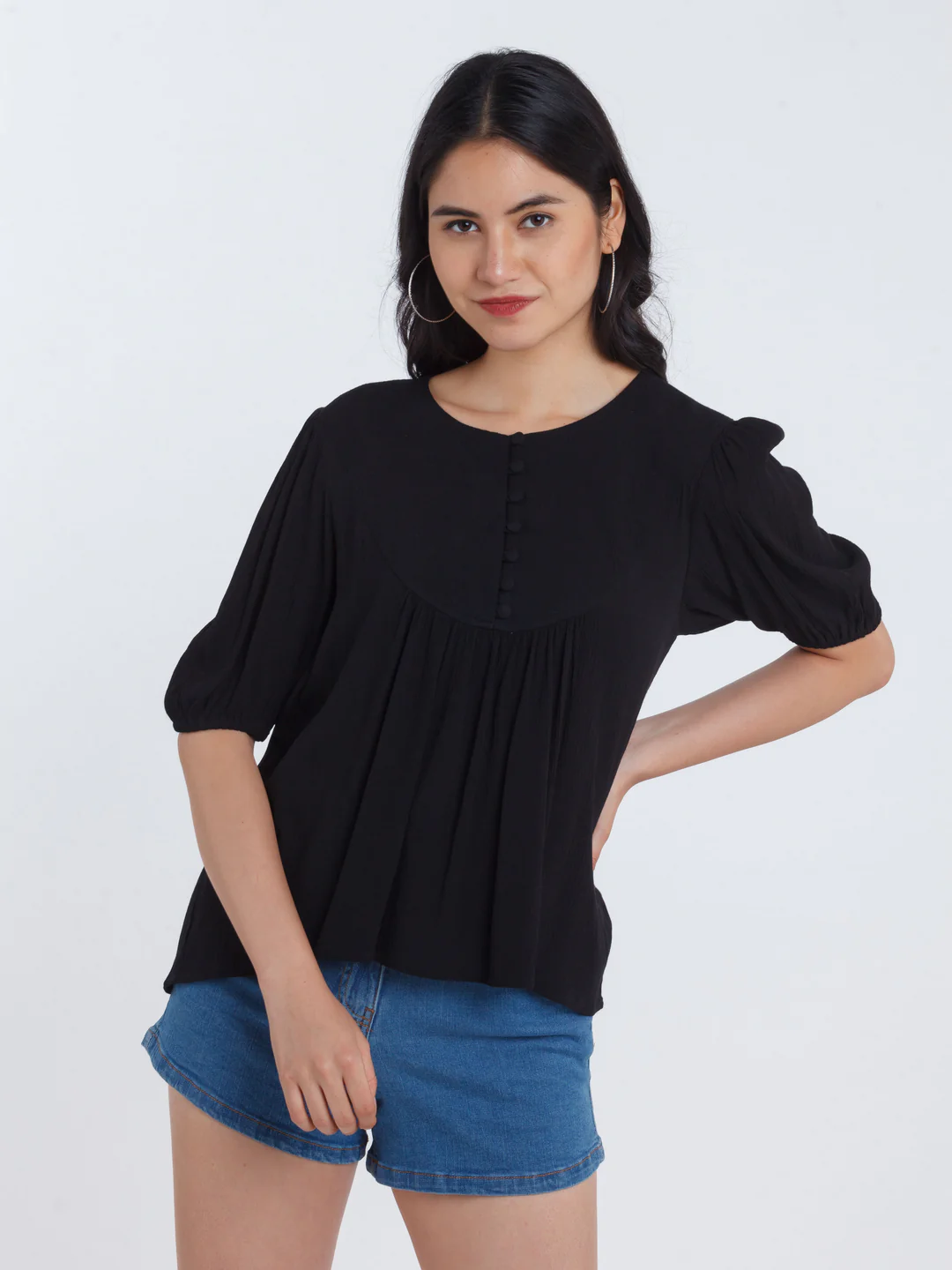 Black Solid Gathered Top - Image 2