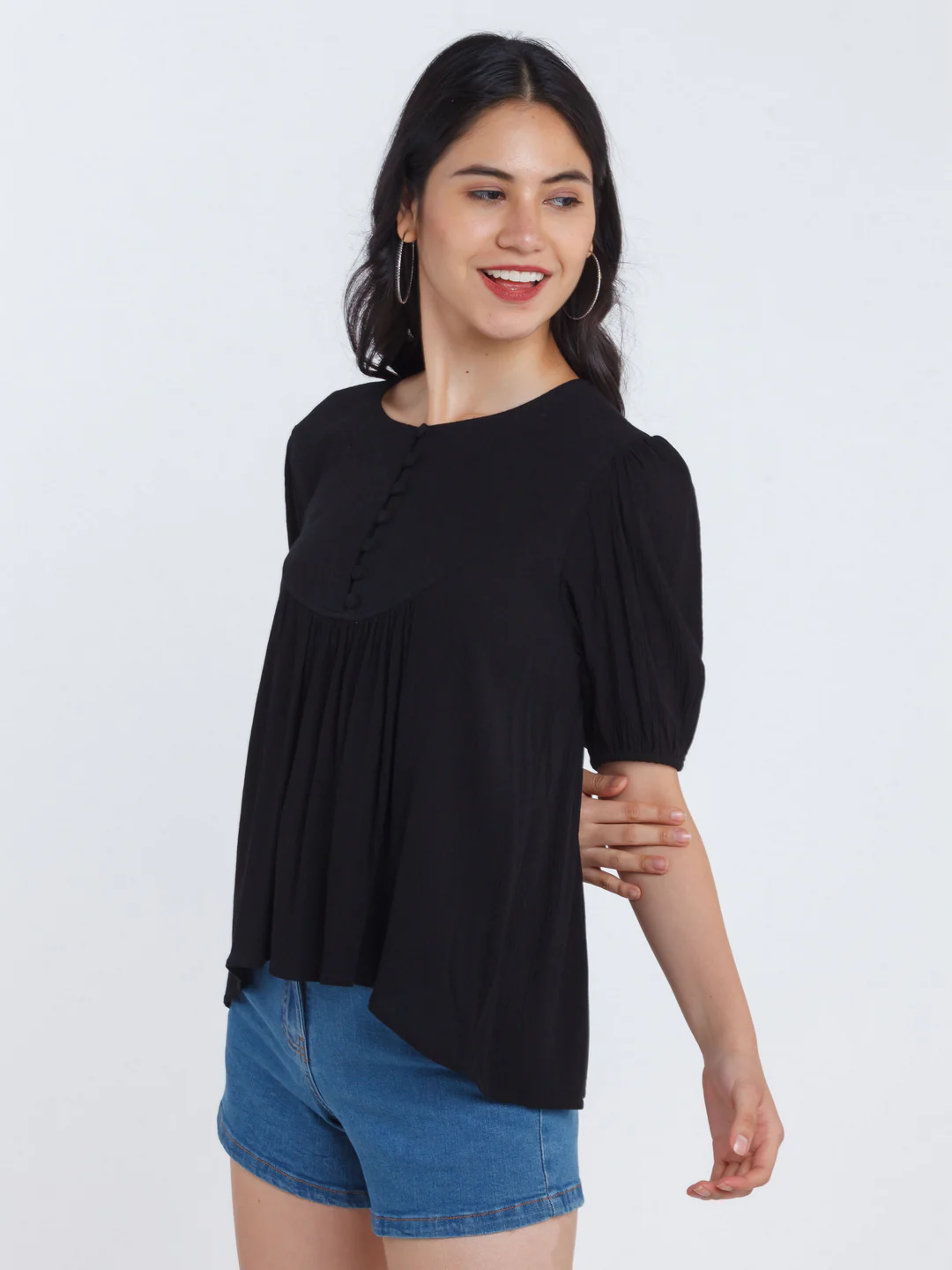 Black Solid Gathered Top - Image 3