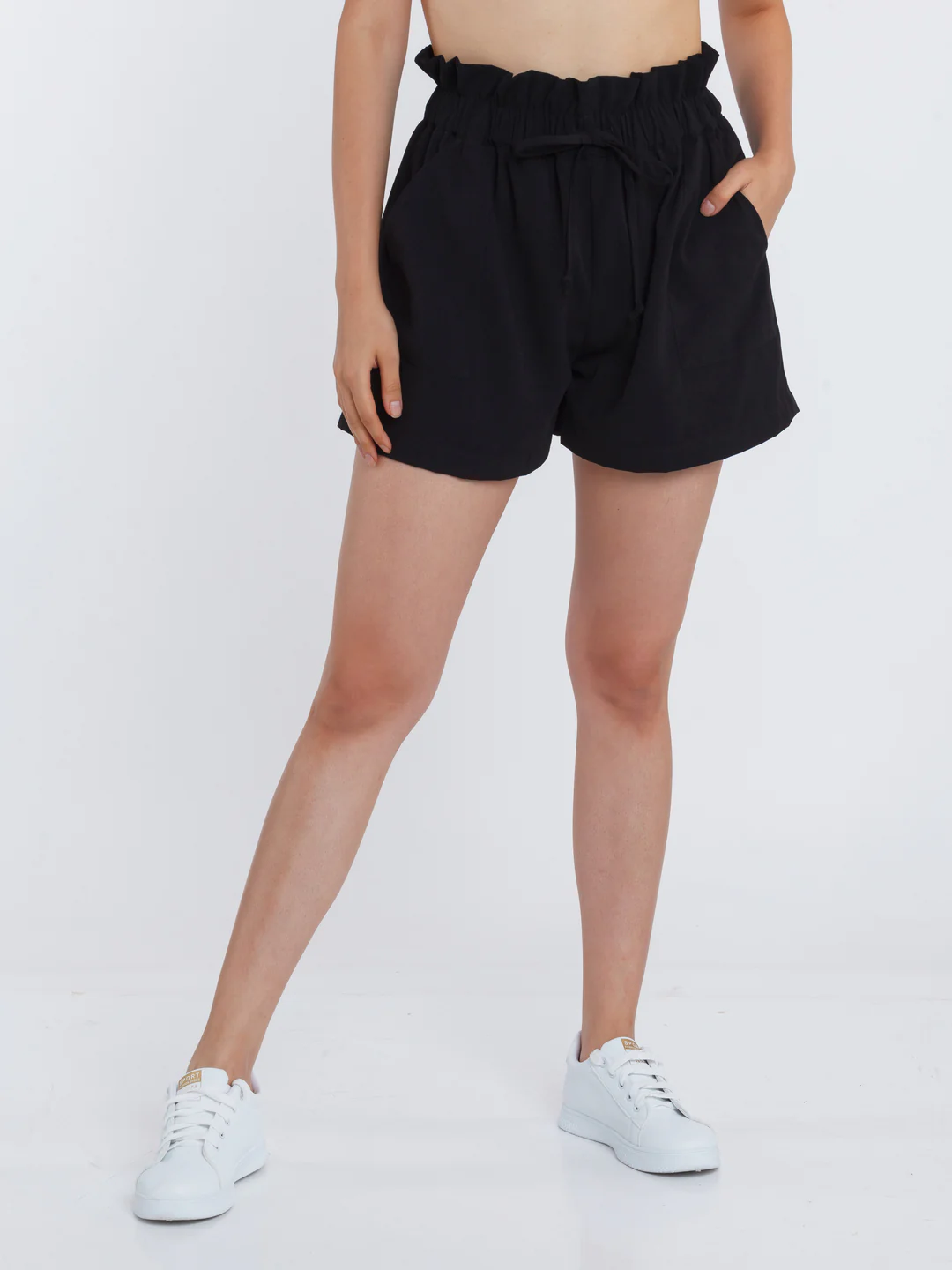 Black Solid High Waisted Shorts - Image 2