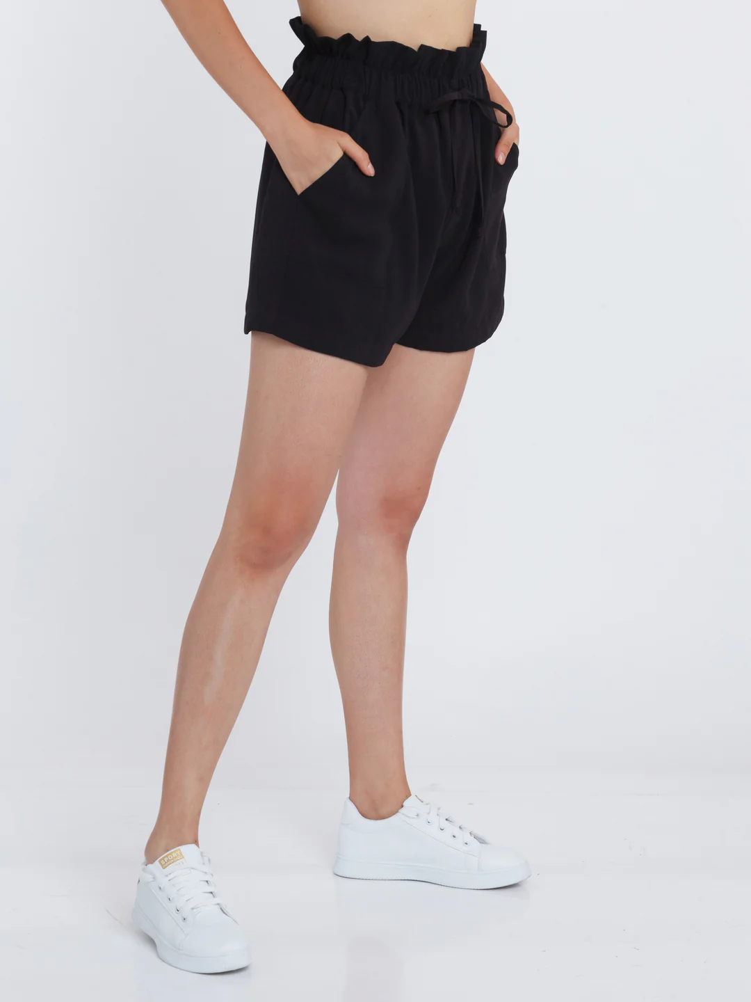 Black Solid High Waisted Shorts - Image 3