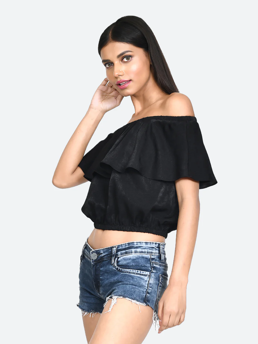 Black Solid Off-shoulder Top - Image 3