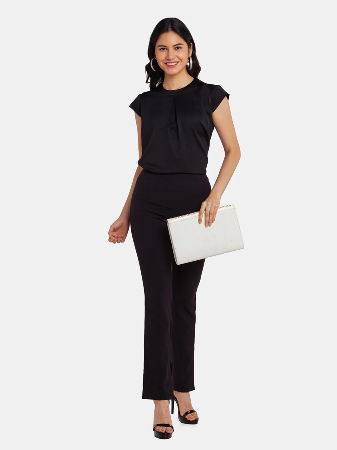 Black Solid Pleated Top