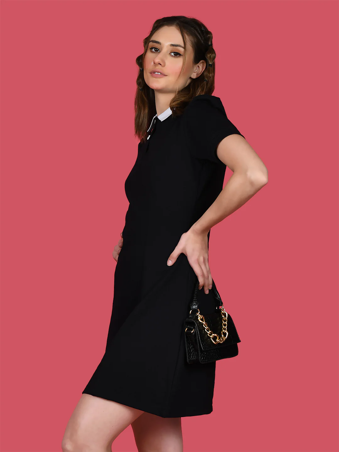 Black Solid Puff Sleeve Short Dress - Image 3