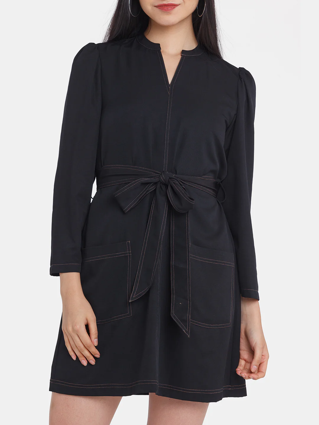Black Solid Puff Sleeve Short Dress - Image 6