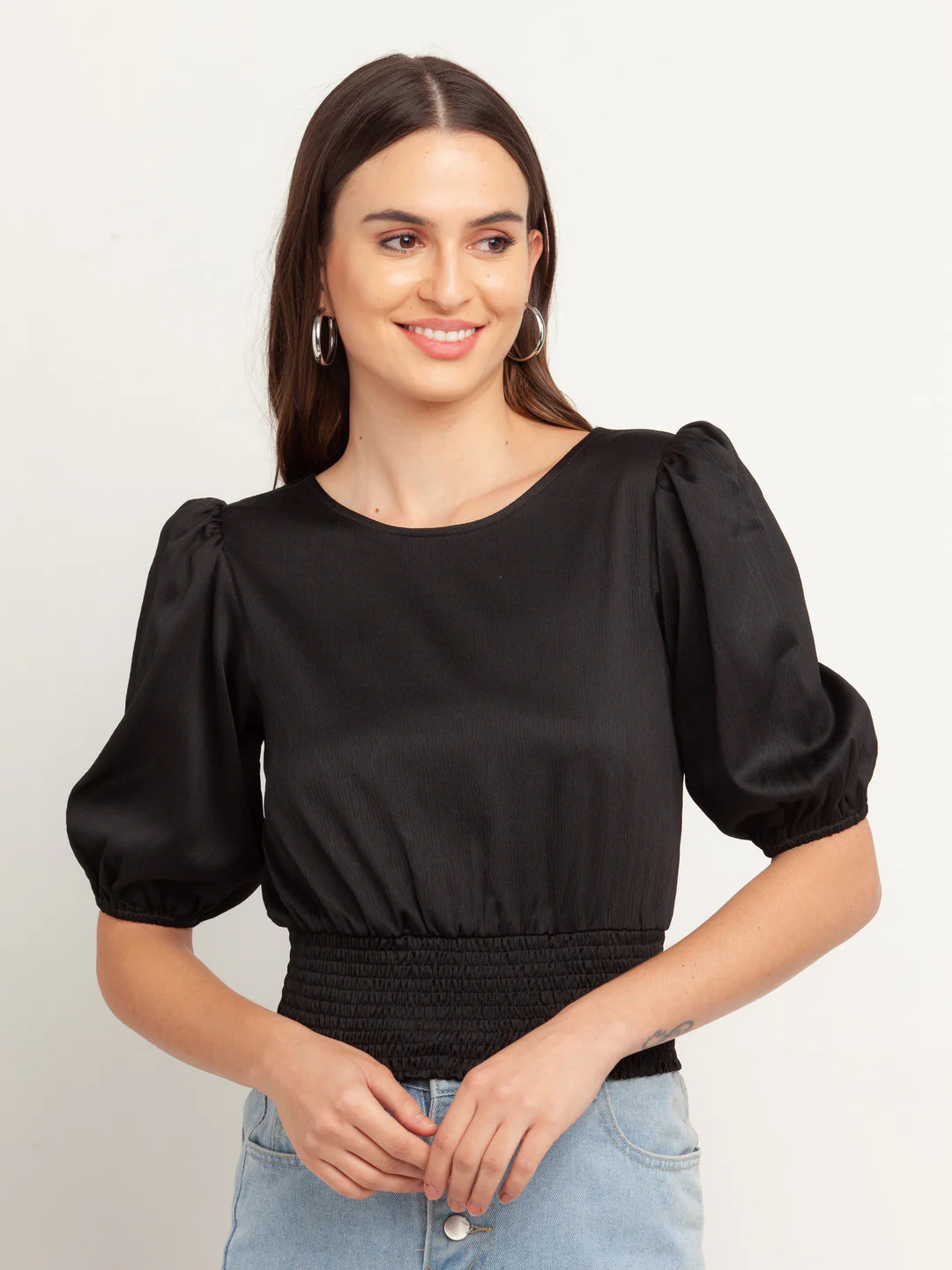 Black Solid Puff Sleeve Top - Image 2