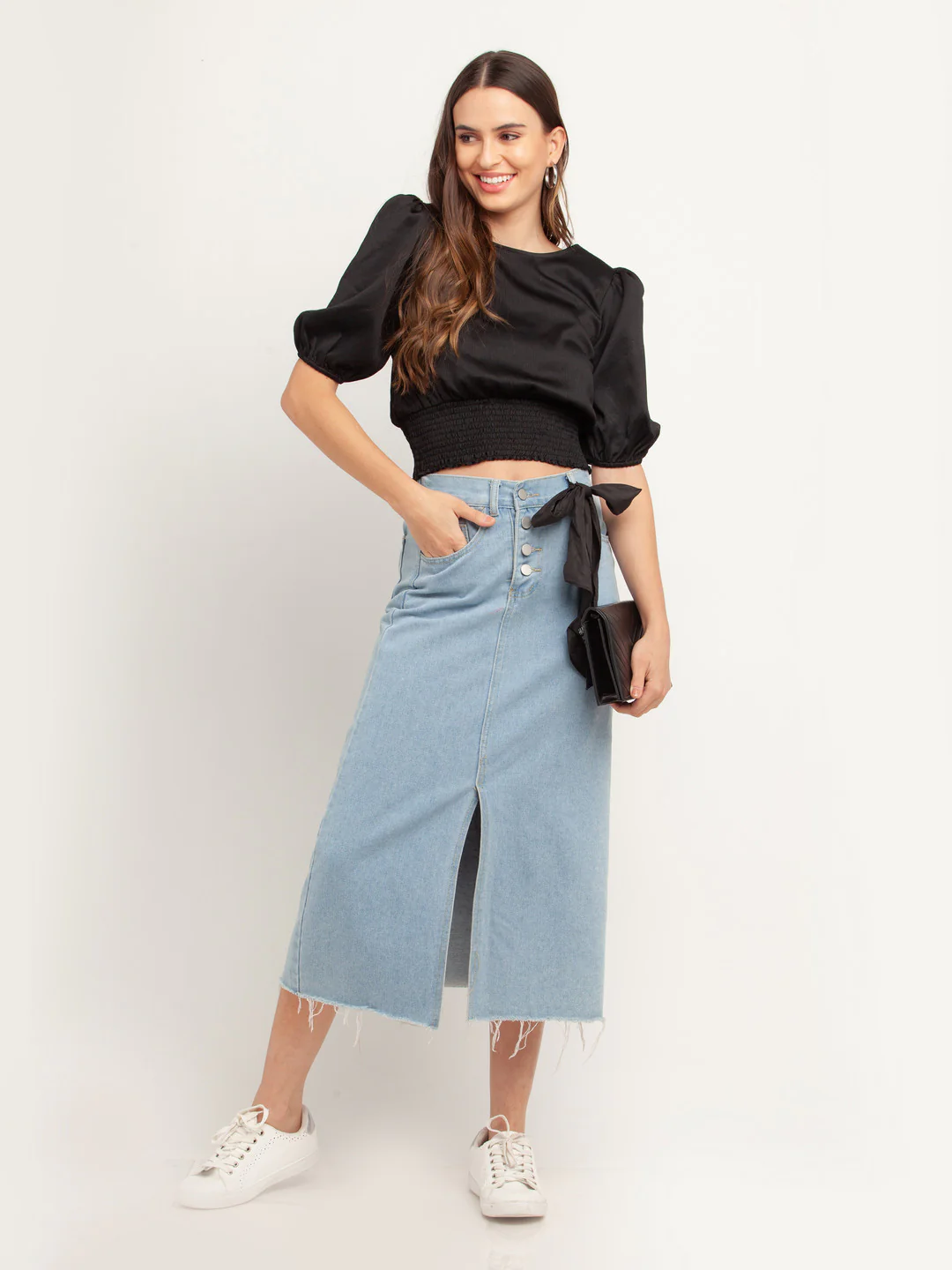 Black Solid Puff Sleeve Top - Image 5
