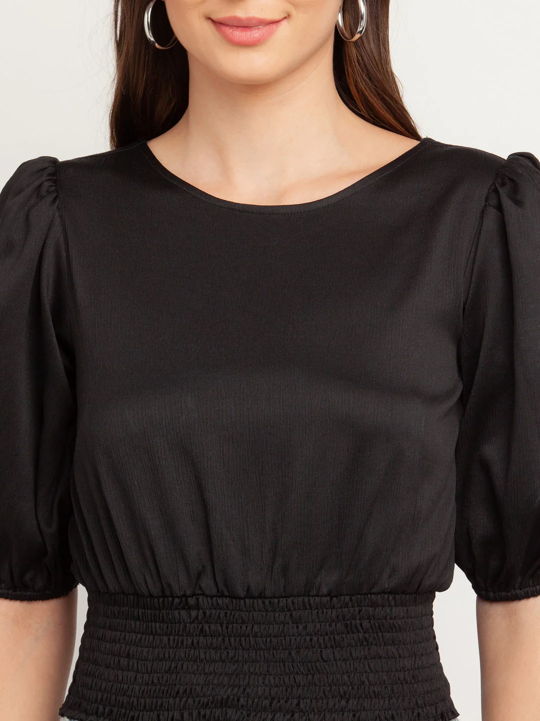 Black Solid Puff Sleeve Top - Image 6