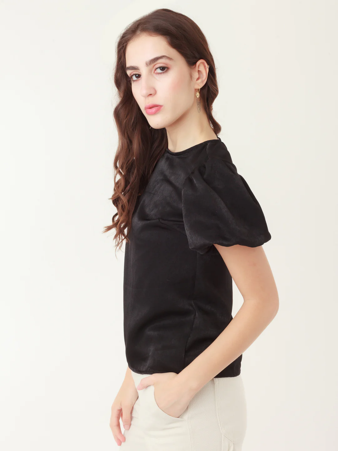 Black Solid Puff Sleeve Top - Image 3