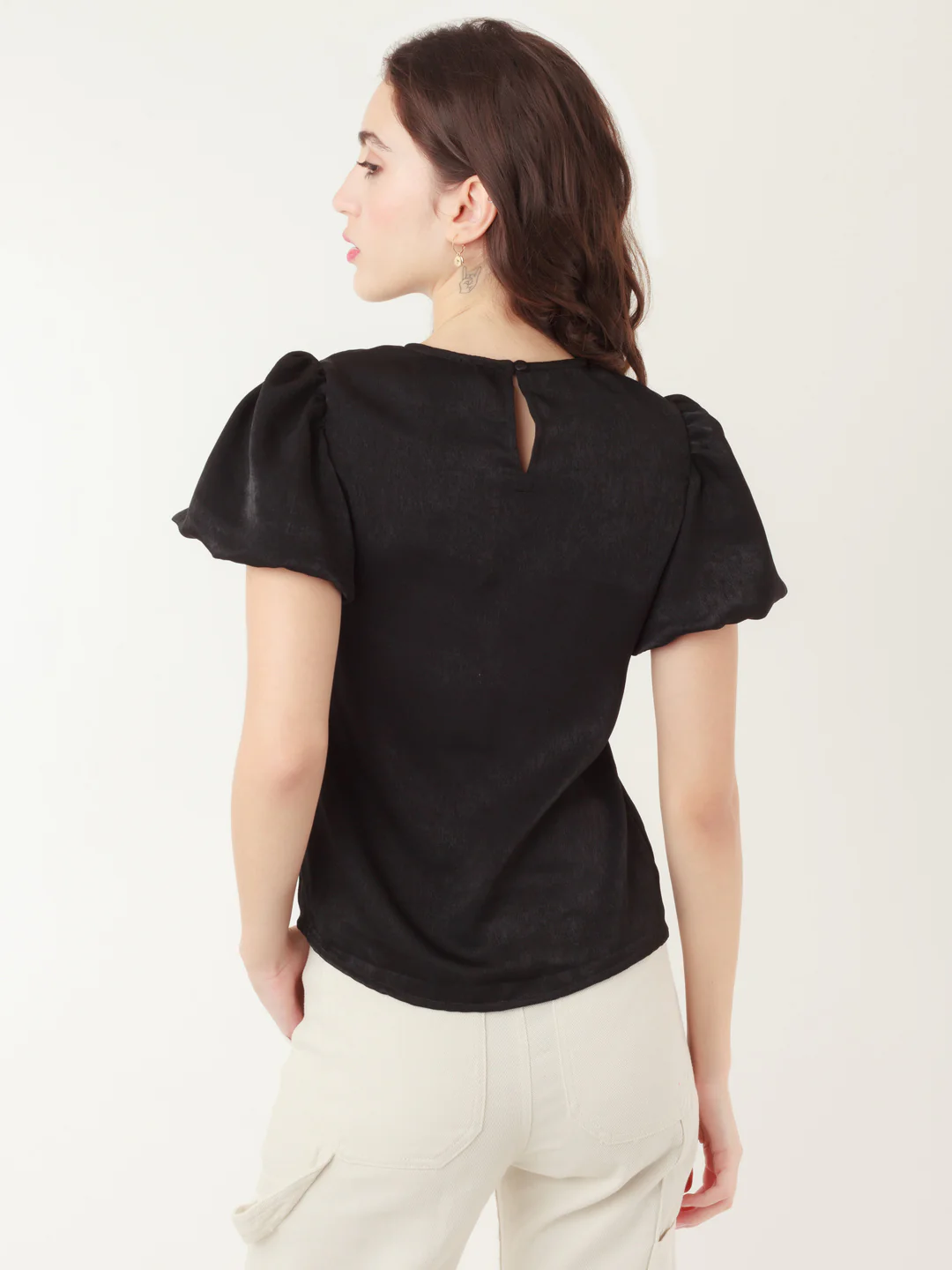 Black Solid Puff Sleeve Top - Image 4