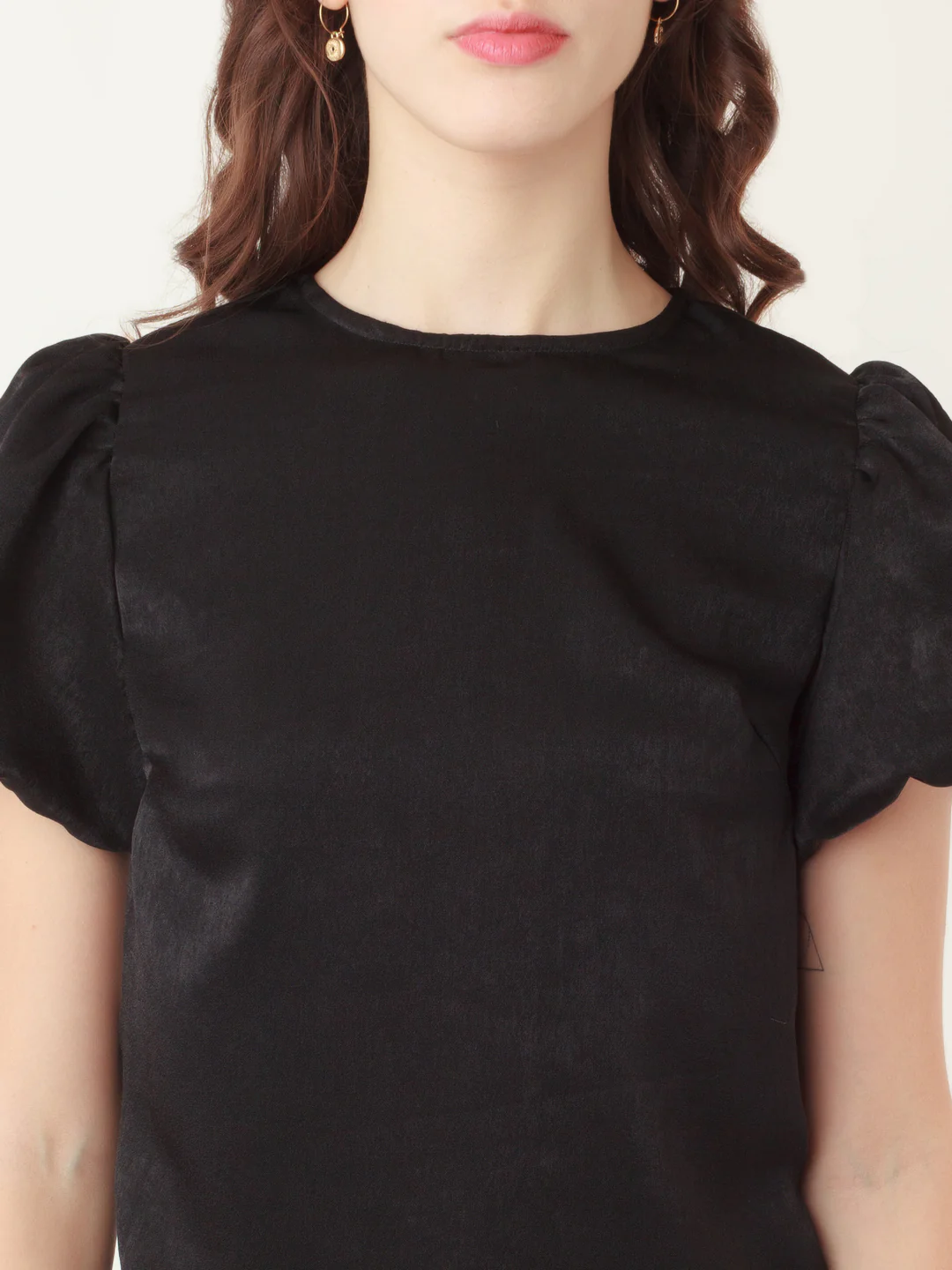 Black Solid Puff Sleeve Top - Image 6