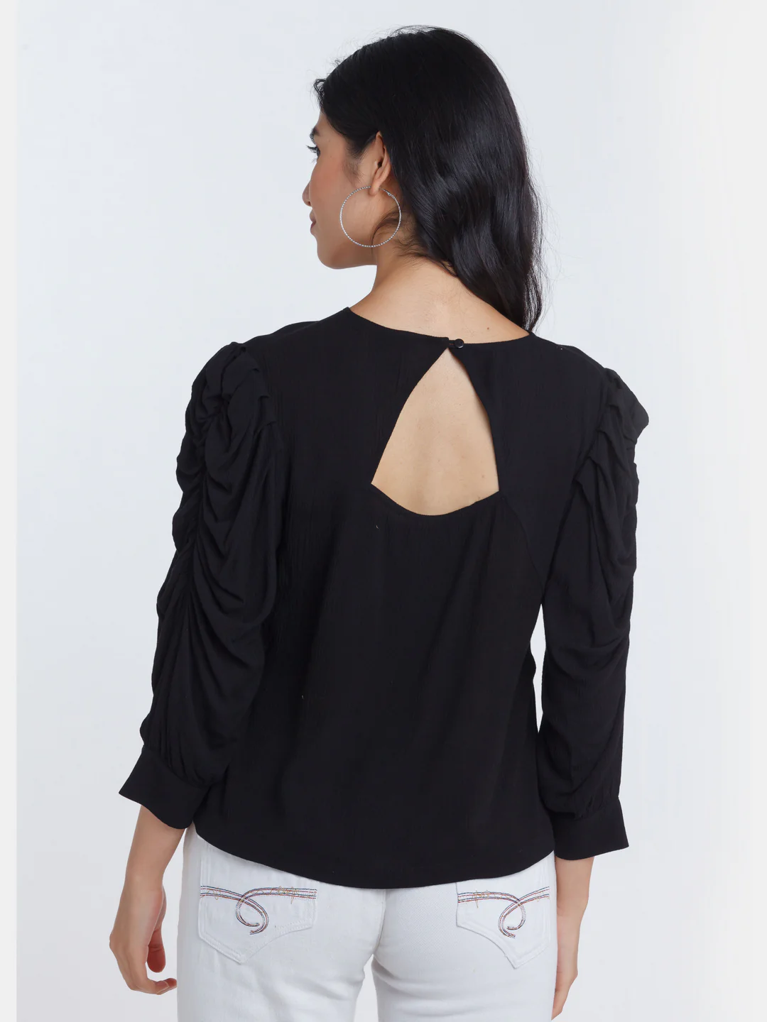 Black Solid Ruched sleeve Top - Image 4