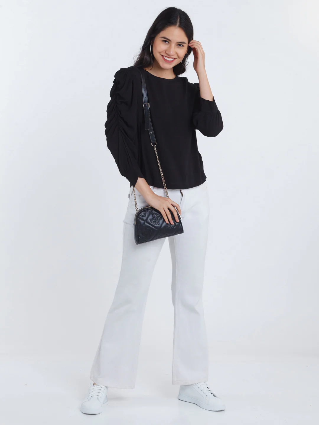Black Solid Ruched sleeve Top - Image 5