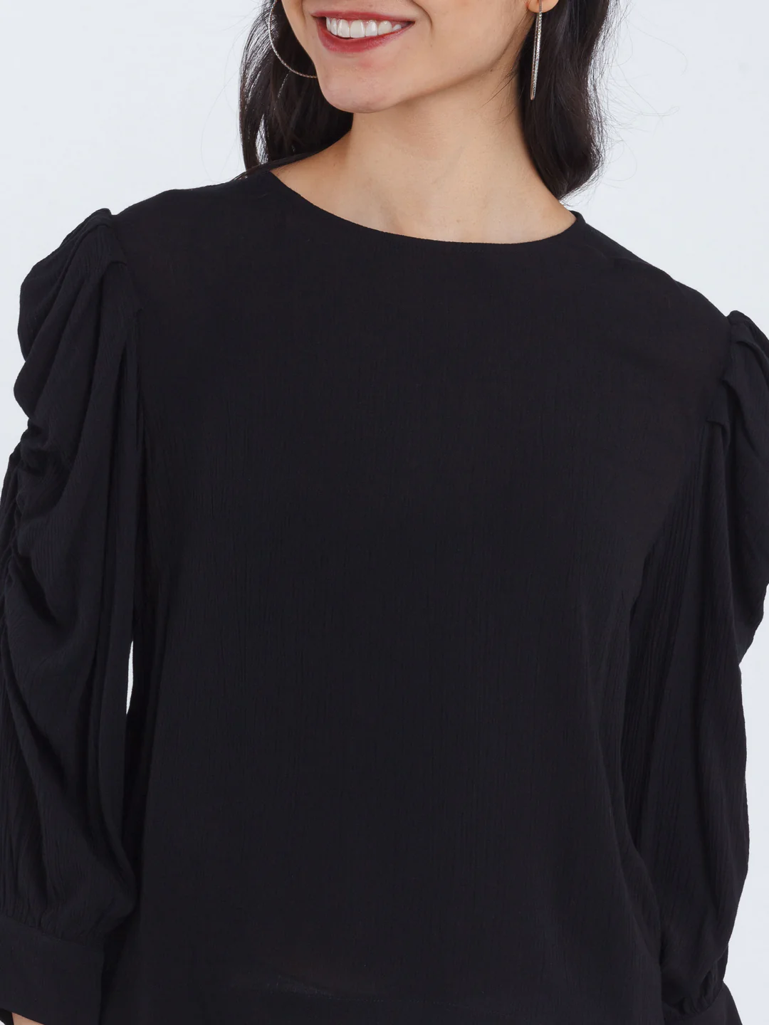 Black Solid Ruched sleeve Top - Image 6