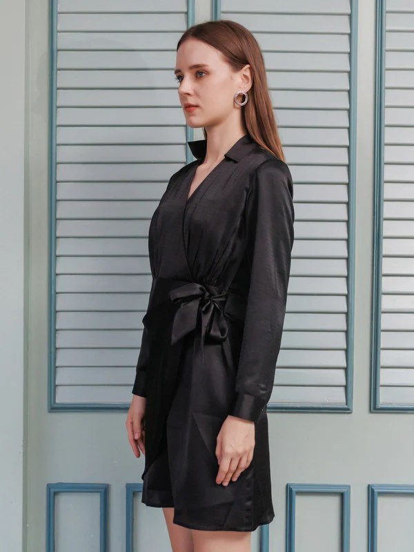 Black Solid Self Design Wrap Mini Dress - Image 3