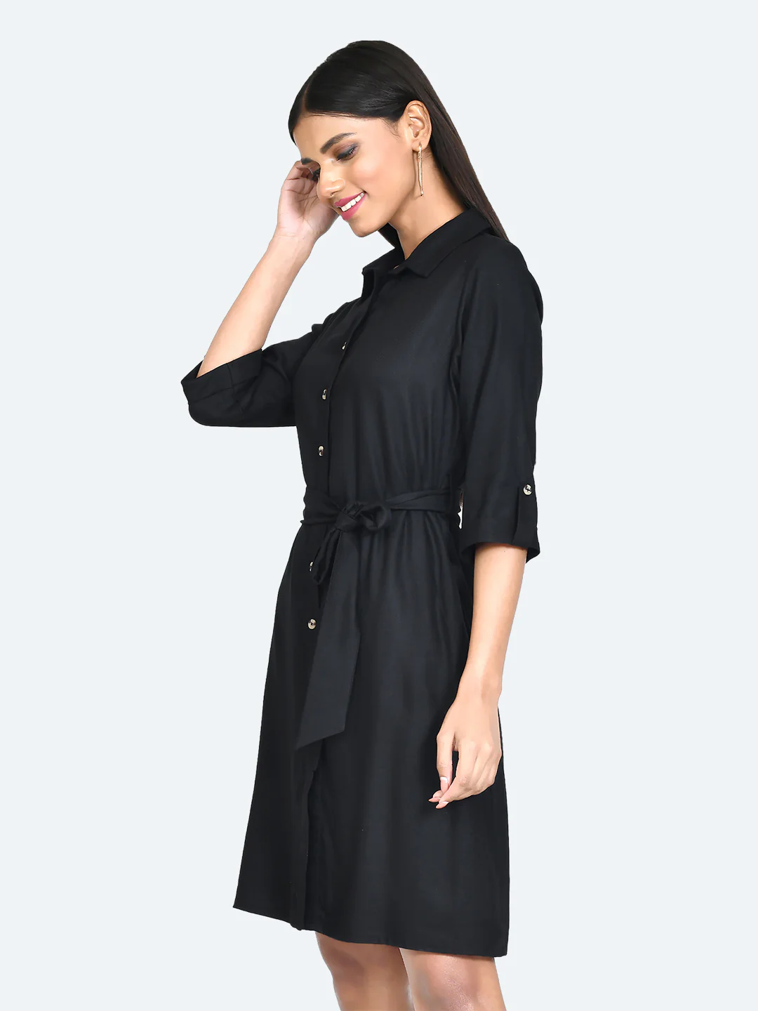 Black Solid Shirt Styled Short Dress - Image 3