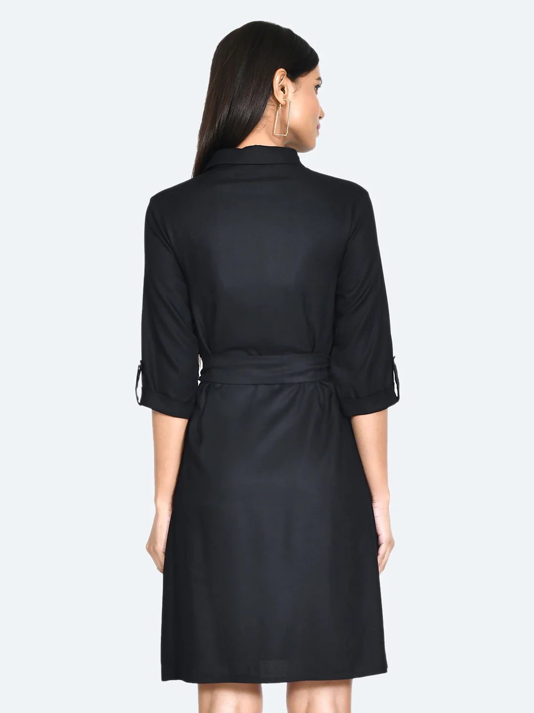 Black Solid Shirt Styled Short Dress - Image 4